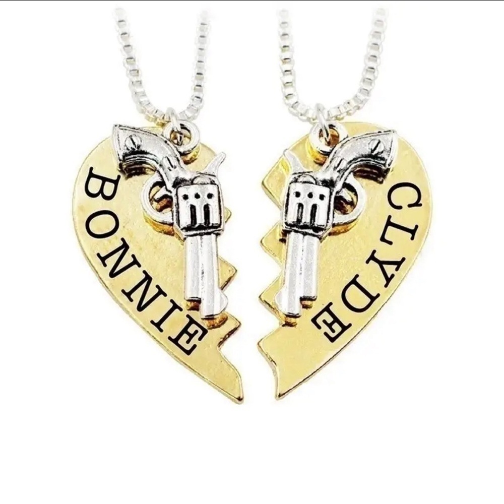 New Gold & Silver Two-Tone Bonnie & Clyde Heart & Guns Bff Necklace Set